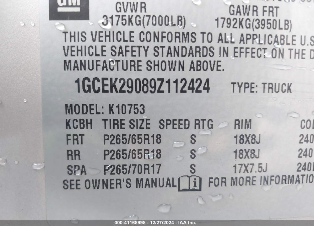 2009 CHEVROLET SILVERADO 1500 LT VIN: 1GCEK29089Z112424