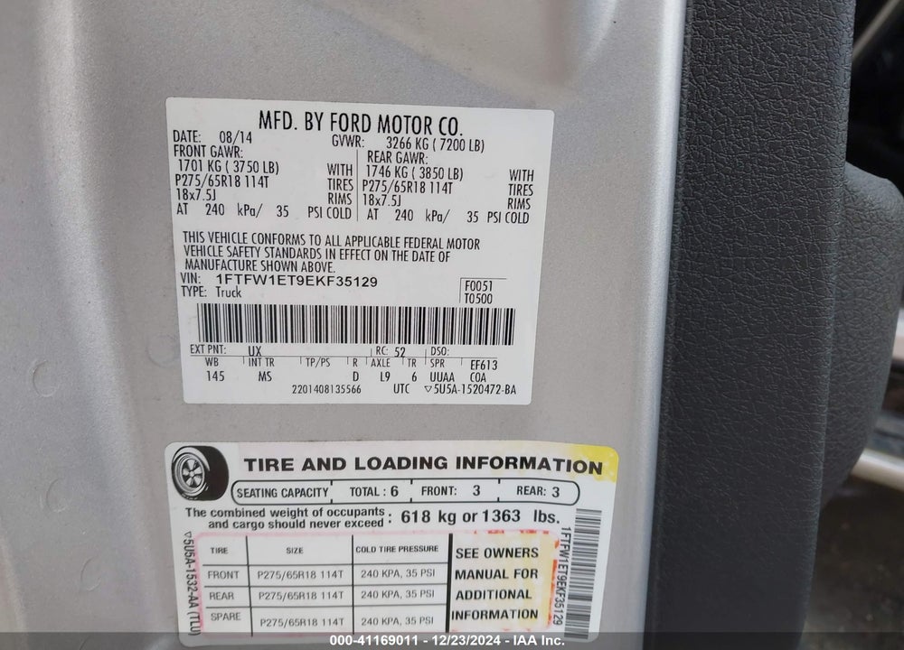 2014 FORD F150 VIN: 1FTFW1ET9EKF35129