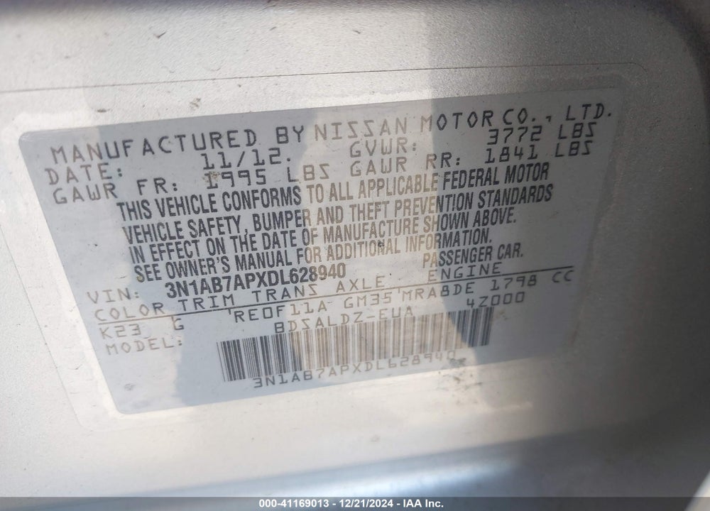 2013 NISSAN SENTRA SV VIN: 3N1AB7APXDL628940