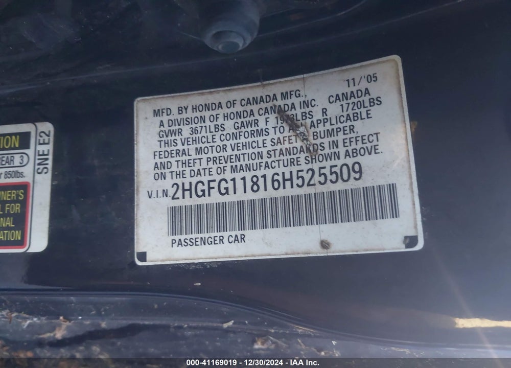 2006 HONDA CIVIC EX VIN: 2HGFG11816H525509
