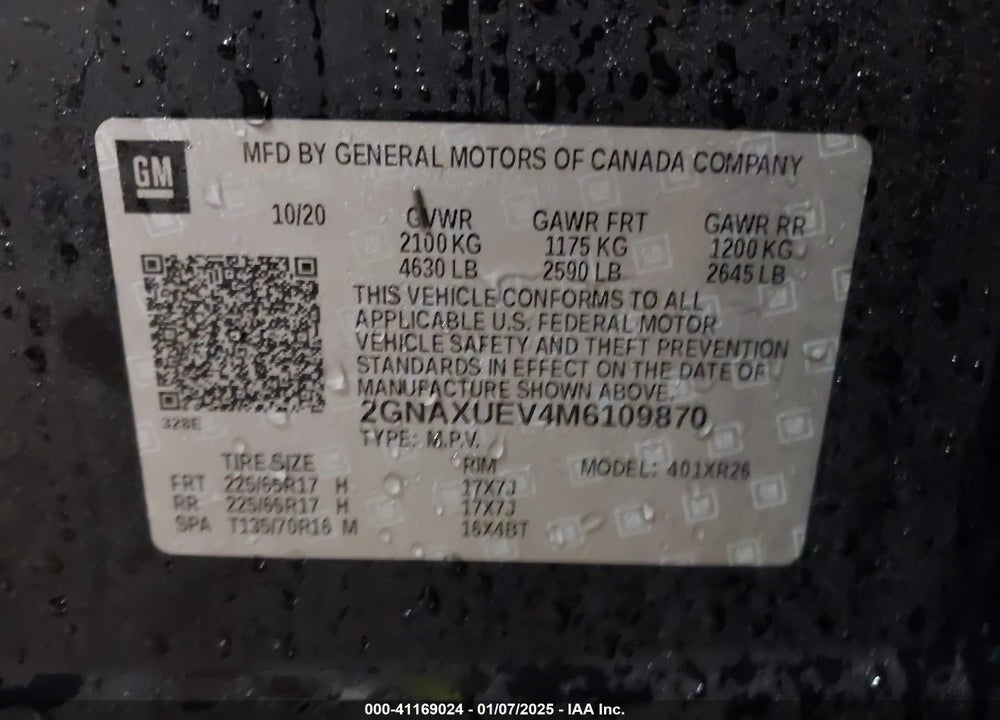 2021 CHEVROLET EQUINOX AWD LT VIN: 2GNAXUEV4M6109870