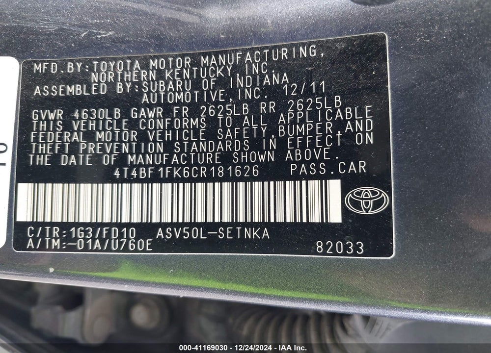 2012 TOYOTA CAMRY VIN: 4T4BF1FK6CR181626
