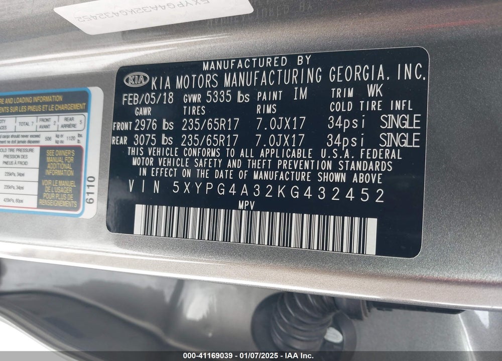 2019 KIA SORENTO 2.4L L VIN: 5XYPG4A32KG432452