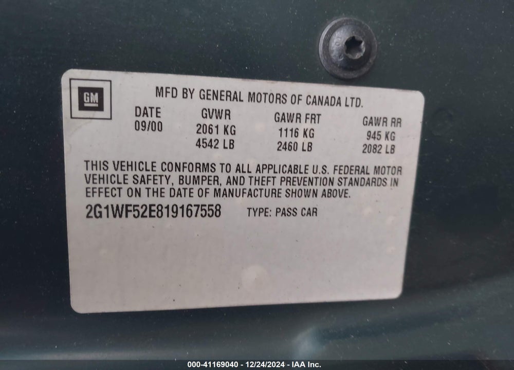 2001 CHEVROLET IMPALA VIN: 2G1WF52E819167558