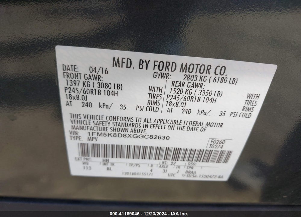 2016 FORD EXPLORER VIN: 1FM5K8D8XGGC82630
