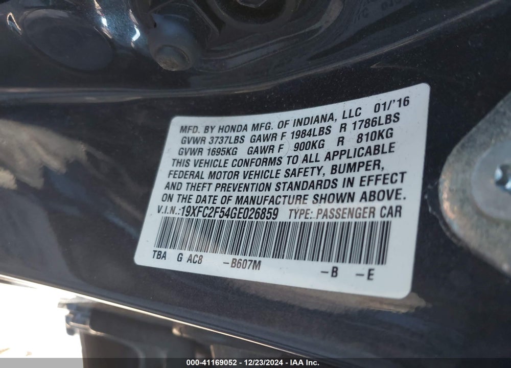 2016 HONDA CIVIC LX VIN: 19XFC2F54GE026859