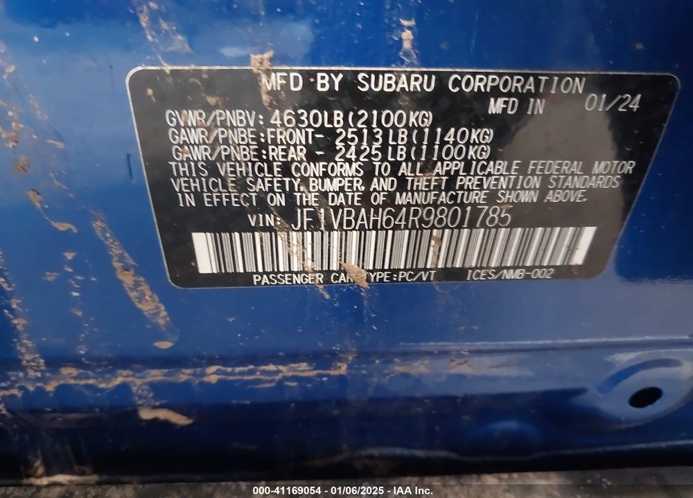 2024 SUBARU WRX VIN: JF1VBAH64R9801785