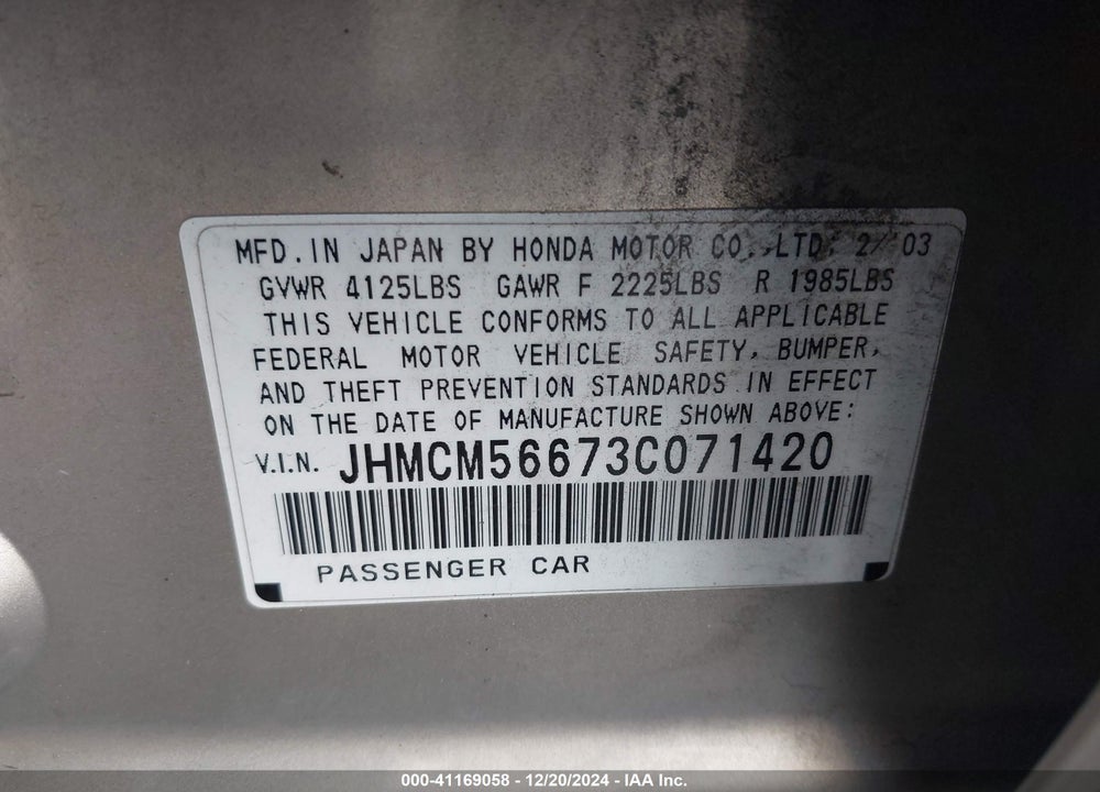 2003 HONDA ACCORD 2.4 EX VIN: JHMCM56673C071420