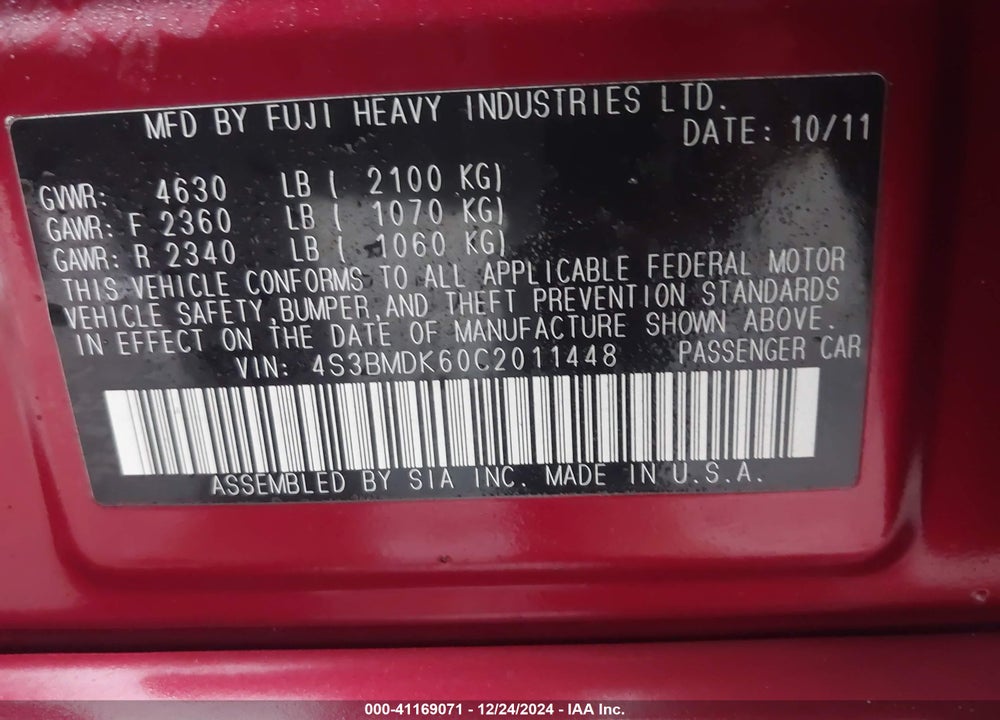 2012 SUBARU LEGACY 3.6R LIMITED VIN: 4S3BMDK60C2011448