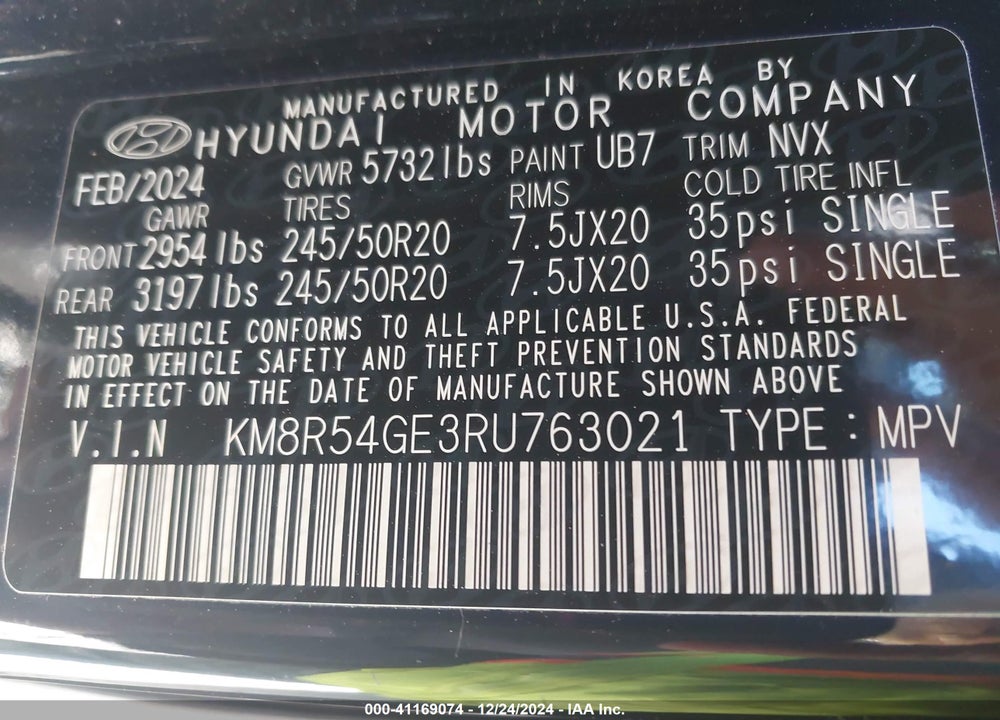 2024 HYUNDAI PALISADE LIMITED VIN: KM8R54GE3RU763021