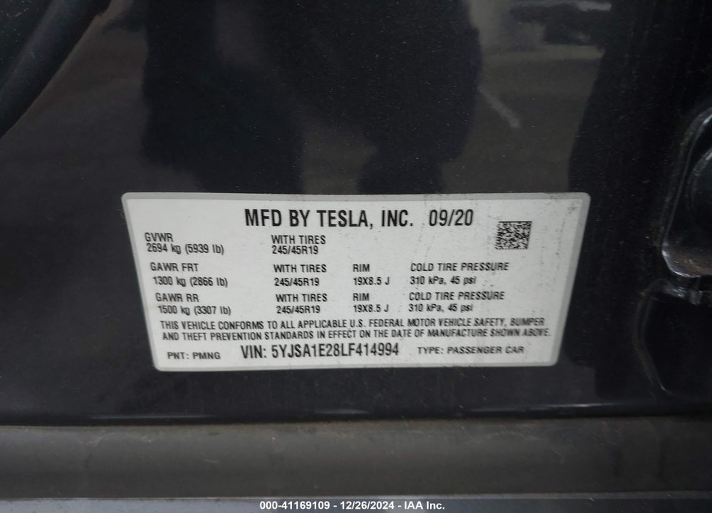 2020 TESLA MODEL S LONG RANGE DUAL MOTOR ALL-WHEEL DRIVE/LONG RANGE PLUS DUAL MOTOR ALL-WHEEL DRIVE VIN: 5YJSA1E28LF414994