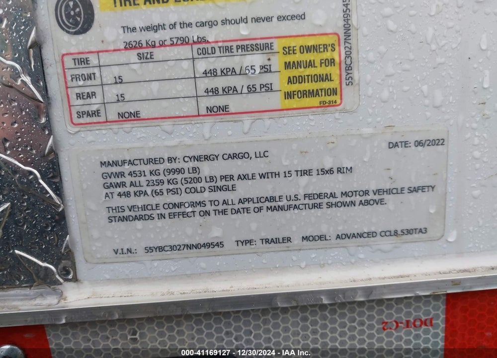 2022 CYNERGY CARGO LLC TRAILER VIN: 55YBC3027NN049545