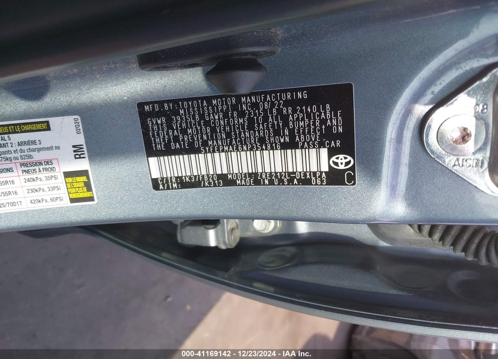 2022 TOYOTA COROLLA VIN: 5YFEPMAE6NP354816
