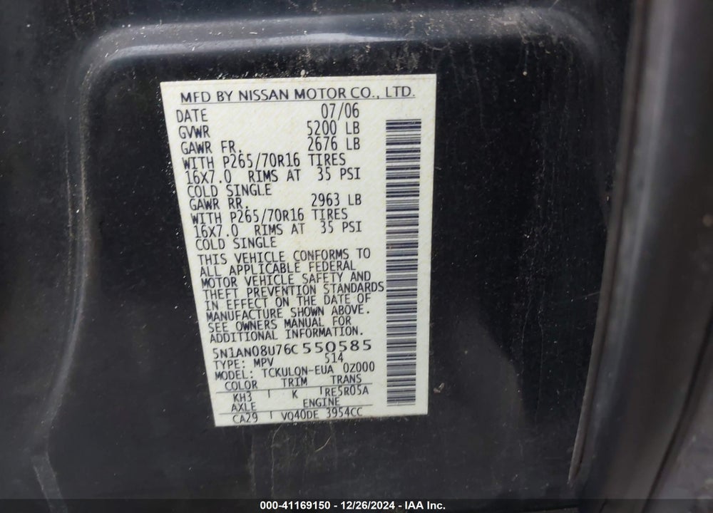 2006 NISSAN XTERRA X VIN: 5N1AN08U76C550585