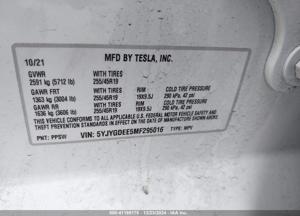 2021 TESLA MODEL Y LONG RANGE DUAL MOTOR ALL-WHEEL DRIVE VIN: 5YJYGDEE5MF295016