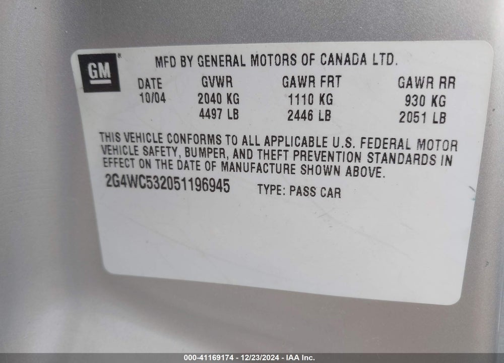 2005 BUICK LACROSSE CX VIN: 2G4WC532051196945