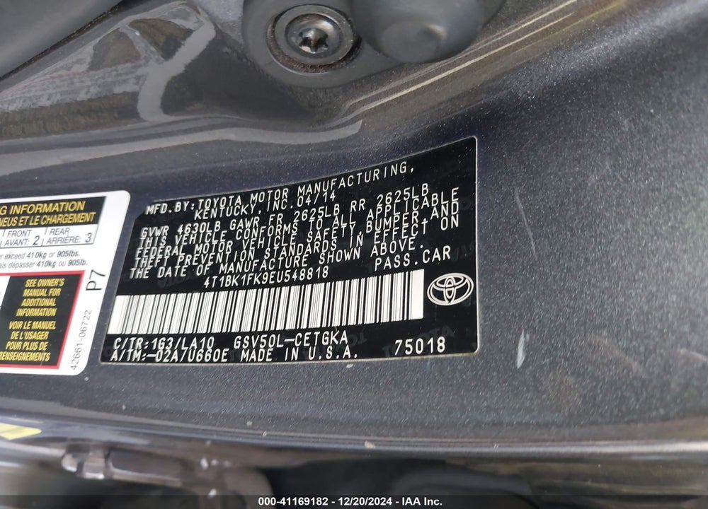 2014 TOYOTA CAMRY VIN: 4T1BK1FK9EU548818