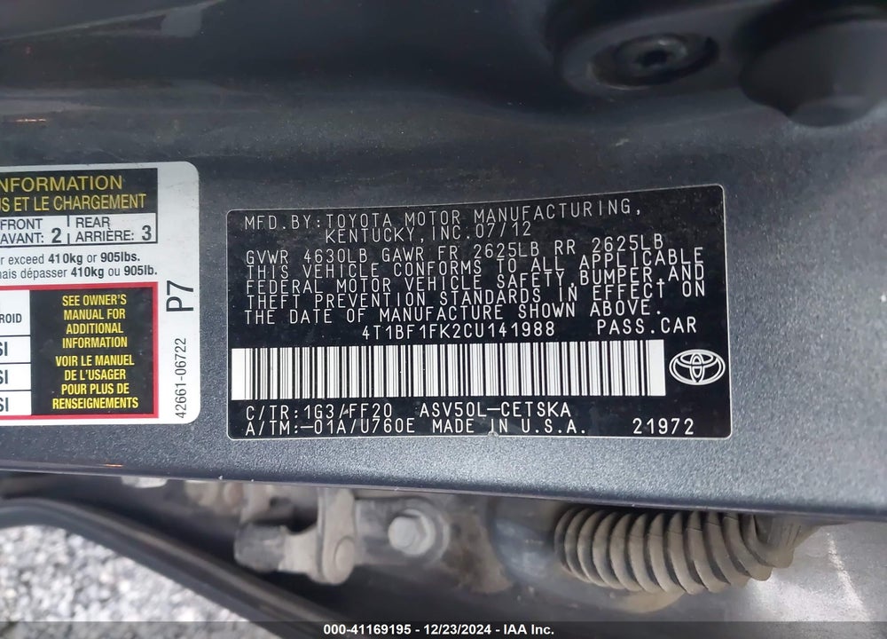 2012 TOYOTA CAMRY SE VIN: 4T1BF1FK2CU141988