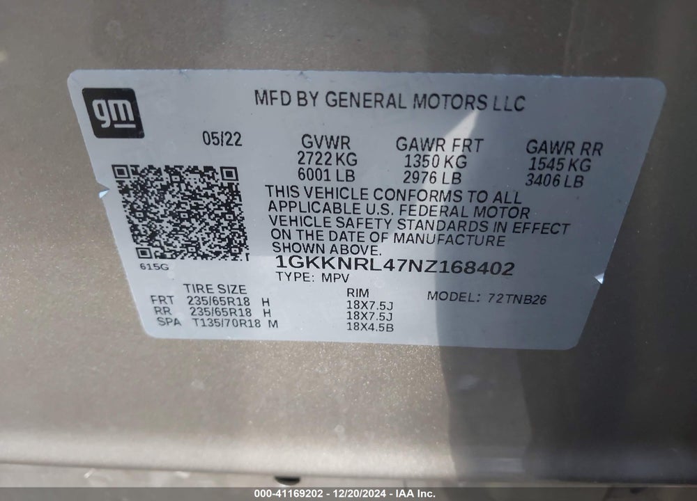 2022 GMC ACADIA AWD SLE VIN: 1GKKNRL47NZ168402