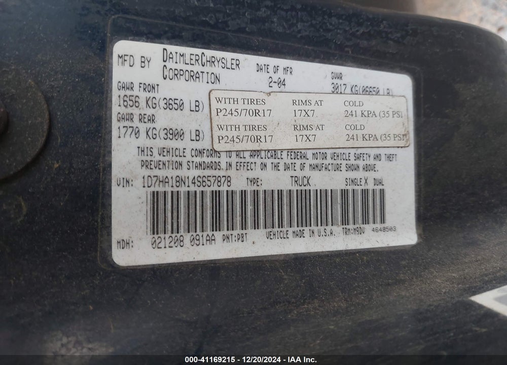 2004 DODGE RAM 1500 SLT/LARAMIE VIN: 1D7HA18N14S657878