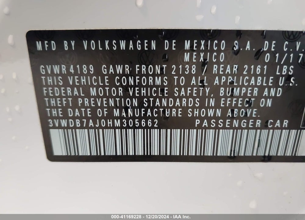 2017 VOLKSWAGEN JETTA 1.4T SE VIN: 3VWDB7AJ0HM305662