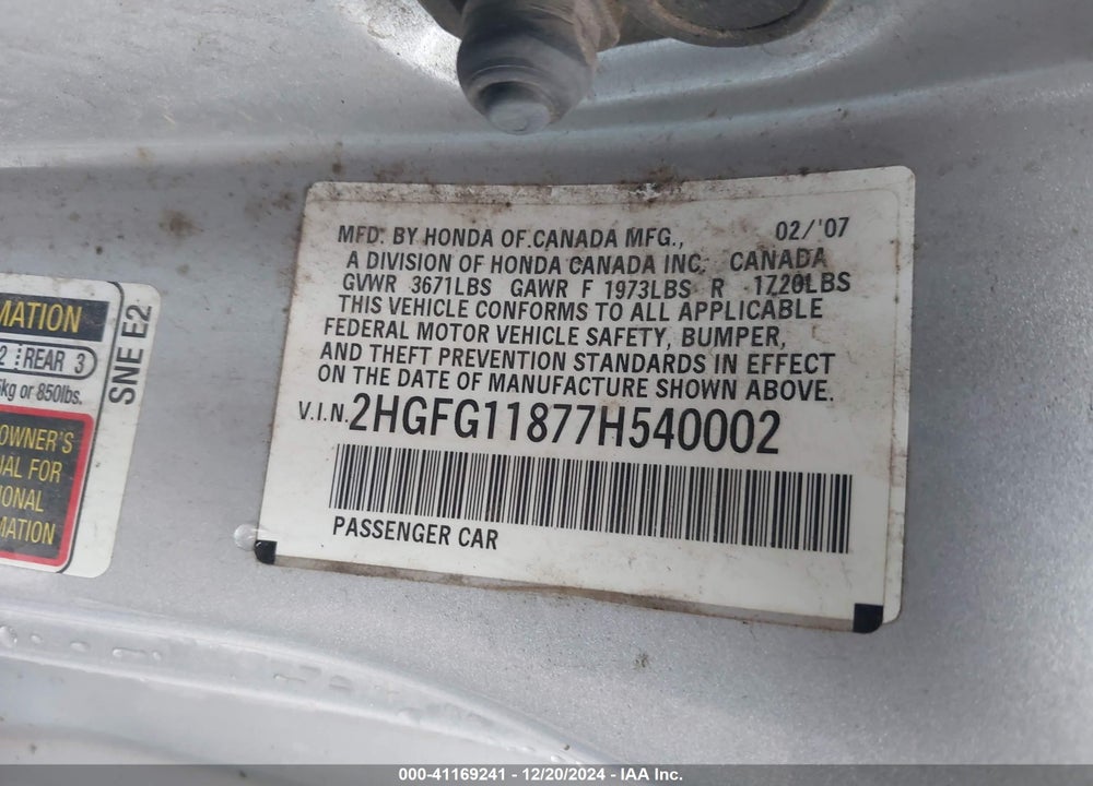 2007 HONDA CIVIC EX VIN: 2HGFG11877H540002