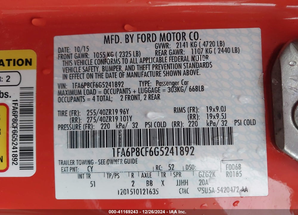 2016 FORD MUSTANG GT PREMIUM VIN: 1FA6P8CF6G5241892