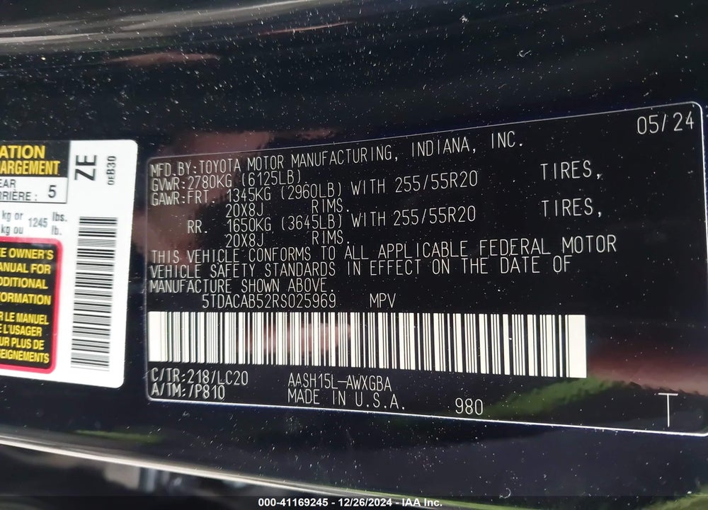 2024 TOYOTA GRAND HIGHLANDER HYBRID LIMITED VIN: 5TDACAB52RS025969