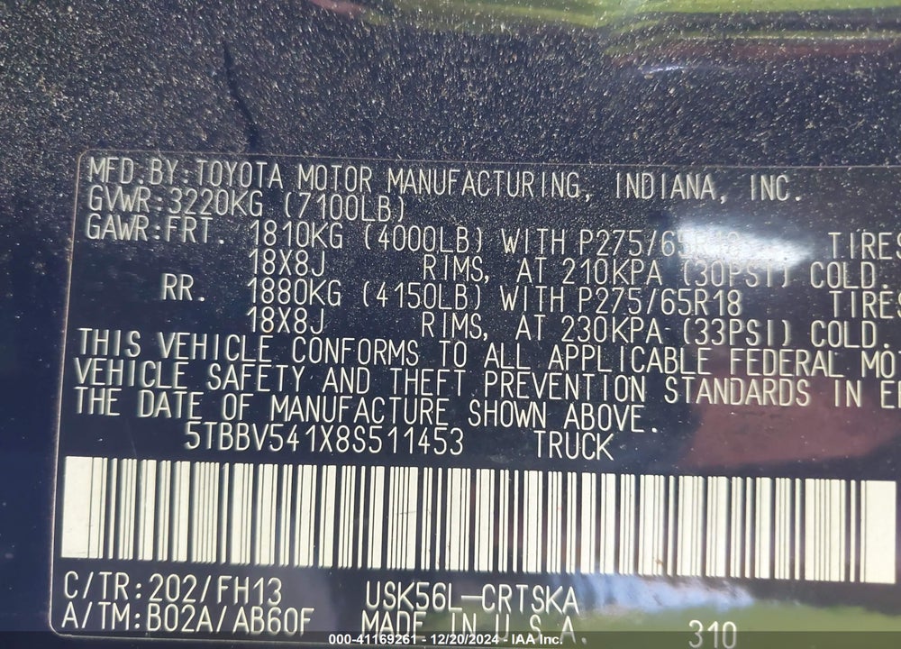 2008 TOYOTA TUNDRA BASE 5.7L V8 VIN: 5TBBV541X8S511453