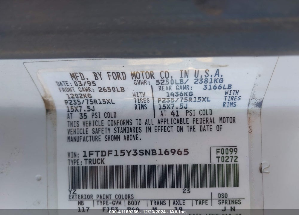 1995 FORD F150 VIN: 1FTDF15Y3SNB16965