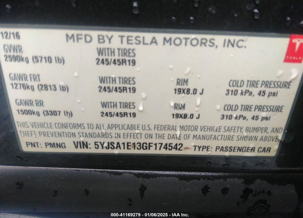 2016 TESLA MODEL S VIN: 5YJSA1E13GF174542