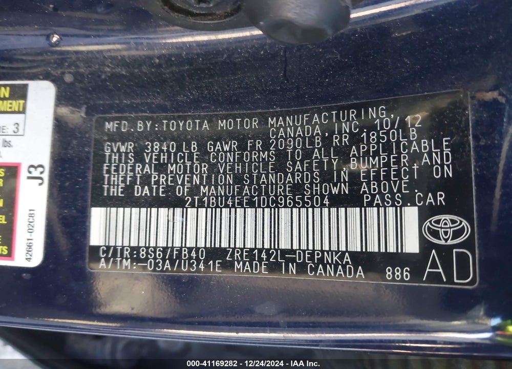 2013 TOYOTA COROLLA LE VIN: 2T1BU4EE1DC965504