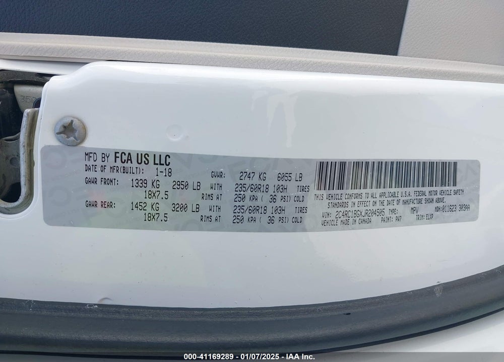 2018 CHRYSLER PACIFICA TOURING L VIN: 2C4RC1BGXJR204505
