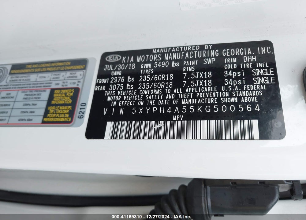 2019 KIA SORENTO 3.3L EX VIN: 5XYPH4A55KG500564