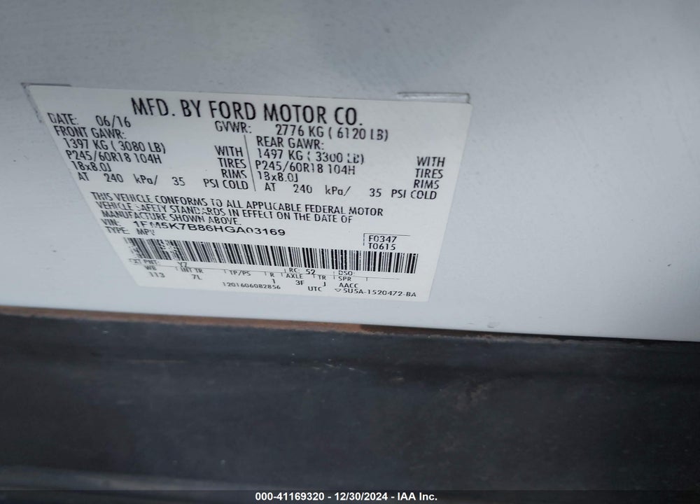 2017 FORD EXPLORER VIN: 1FM5K7B86HGA03169
