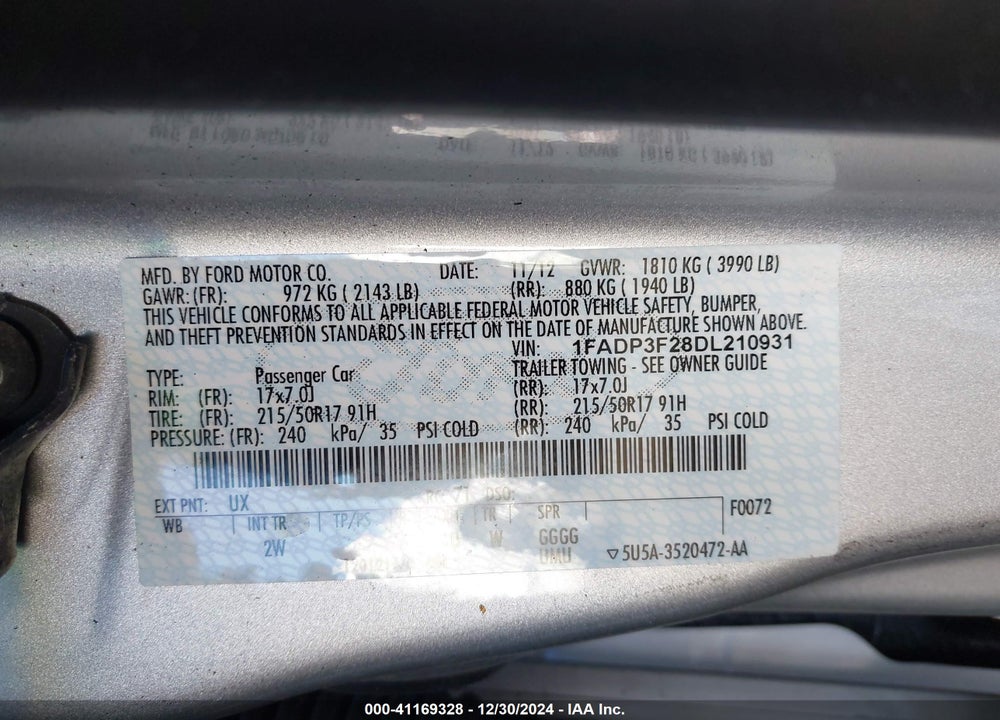 2013 FORD FOCUS SE VIN: 1FADP3F28DL210931