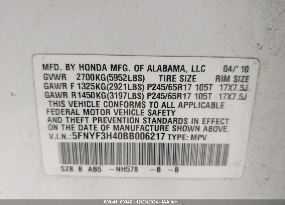 2011 HONDA PILOT EX VIN: 5FNYF3H40BB006217