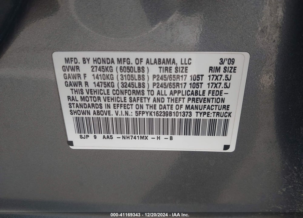 2009 HONDA RIDGELINE VIN: 5FPYK16239B101373