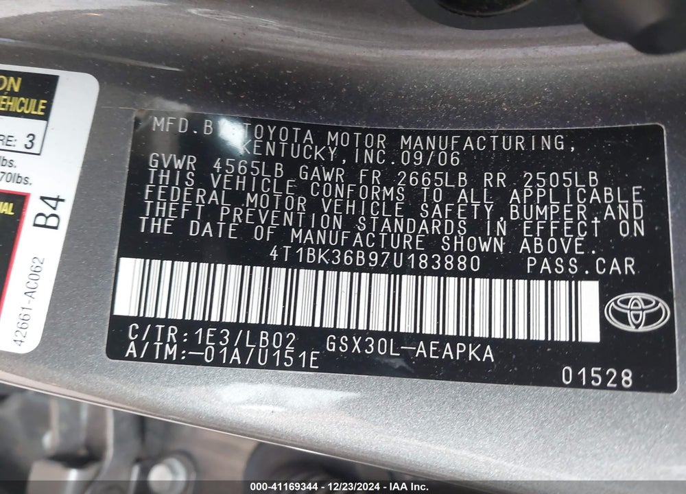2007 TOYOTA AVALON VIN: 4T1BK36B97U183880