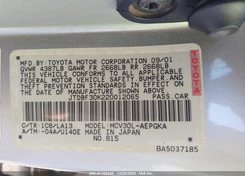 2002 TOYOTA CAMRY XLE V6 VIN: JTDBF30K220012065