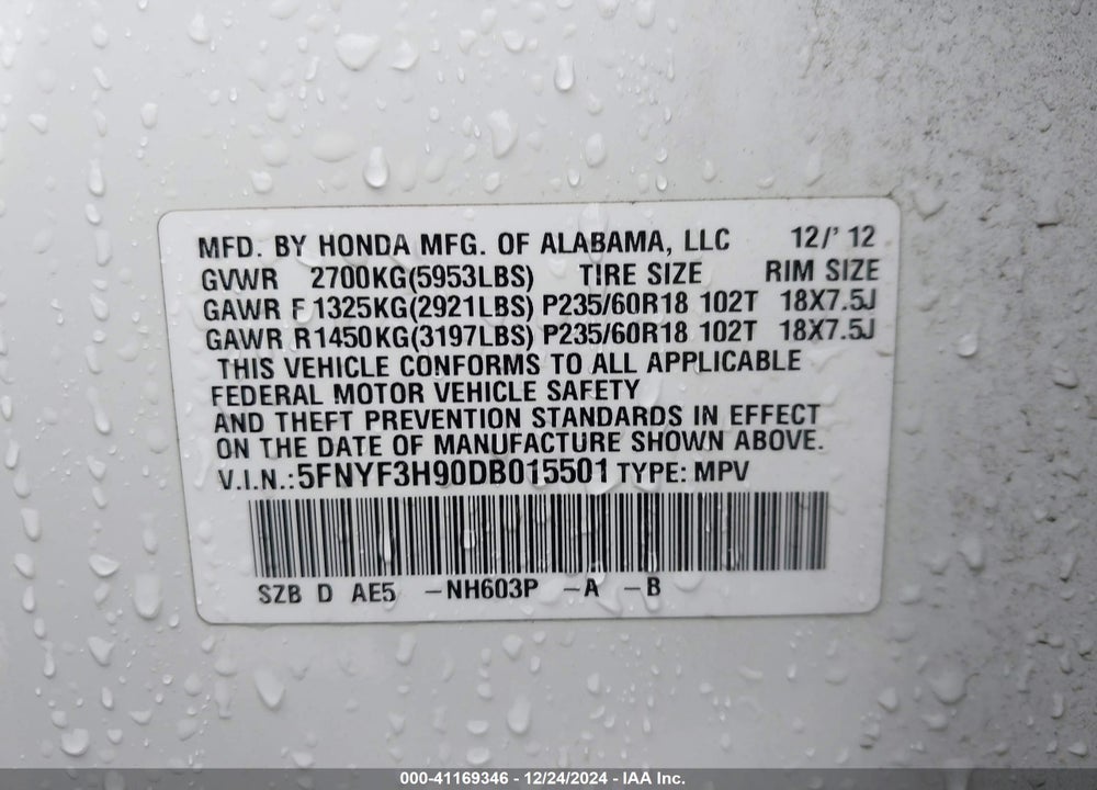 2013 HONDA PILOT TOURING VIN: 5FNYF3H90DB015501