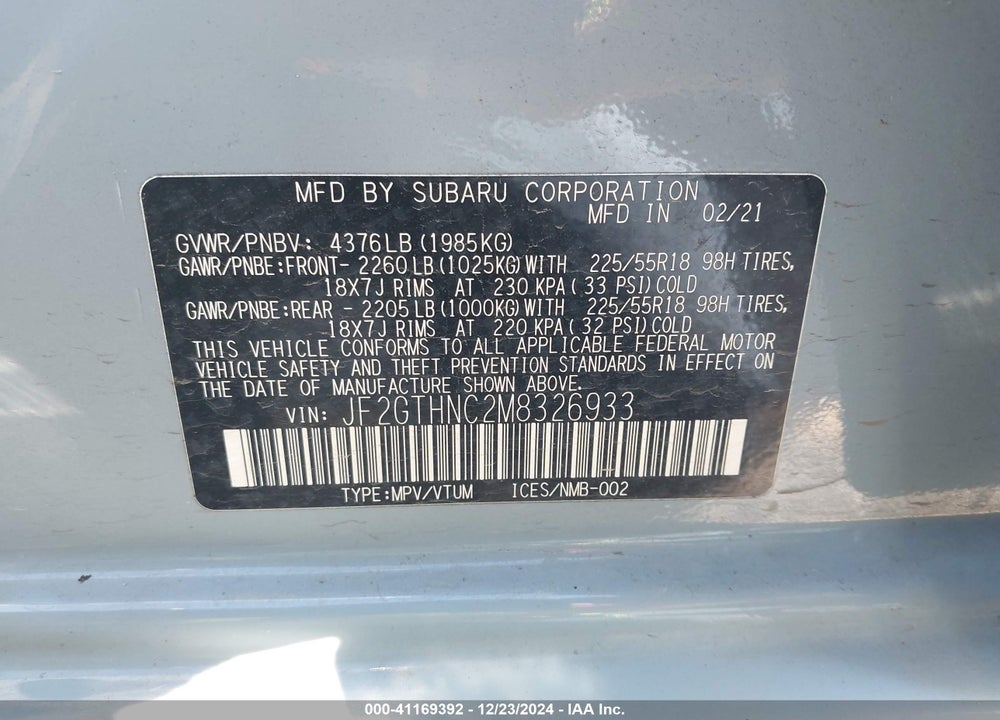 2021 SUBARU CROSSTREK LIMITED VIN: JF2GTHNC2M8326933