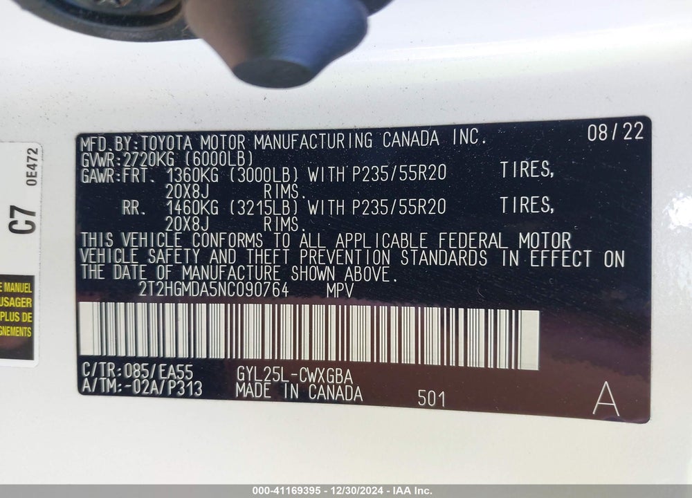 2022 LEXUS RX 450H VIN: 2T2HGMDA5NC090764