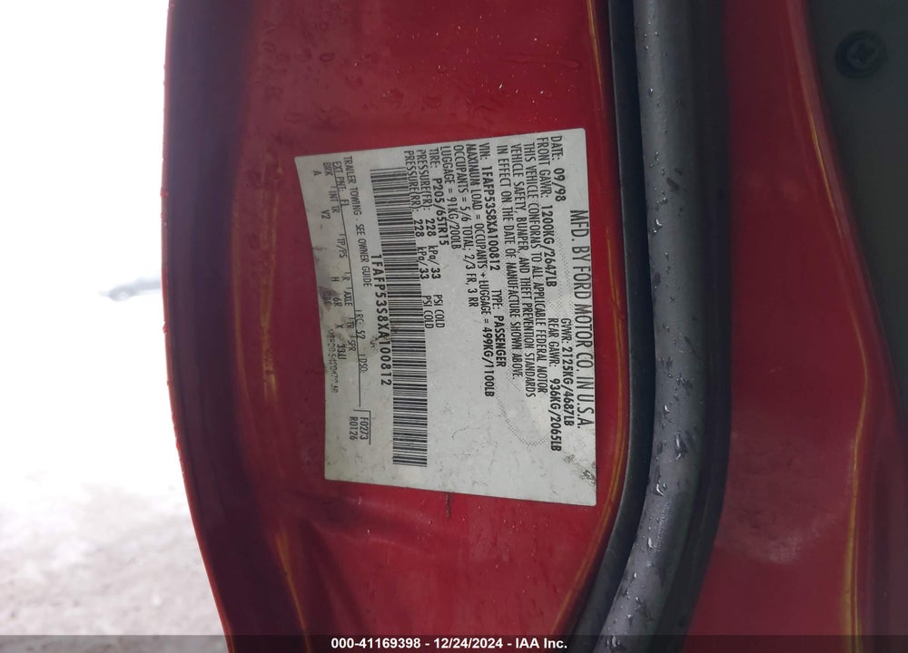 1999 FORD TAURUS SE/SE-NE VIN: 1FAFP53S8XA100812