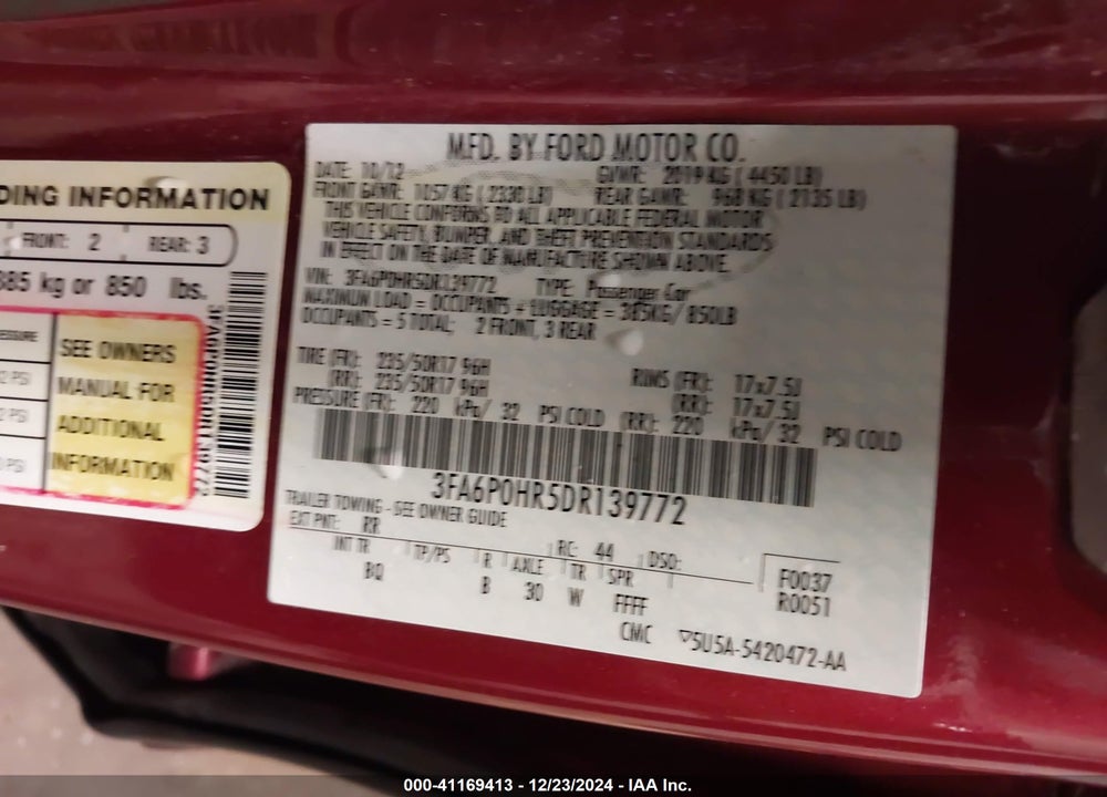 2013 FORD FUSION VIN: 3FA6P0HR5DR139772
