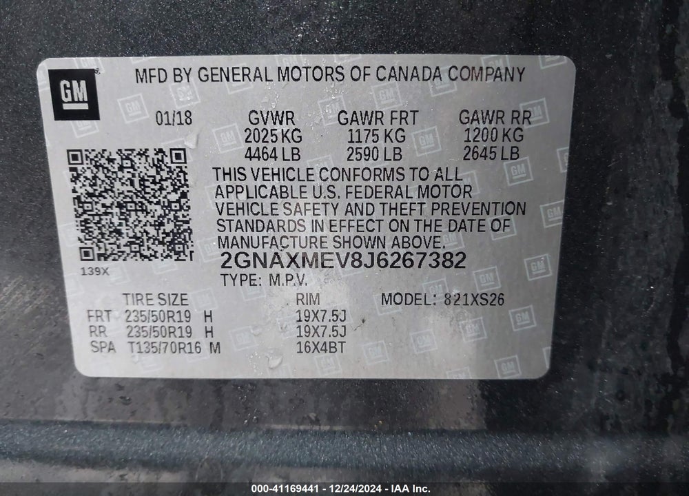 2018 CHEVROLET EQUINOX PREMIER VIN: 2GNAXMEV8J6267382