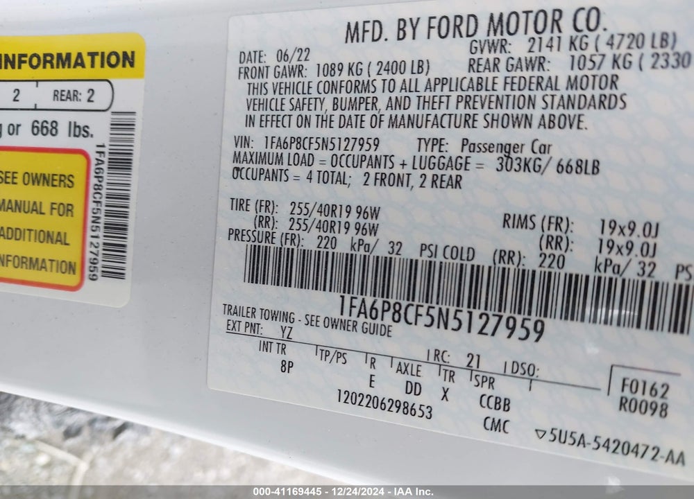 2022 FORD MUSTANG VIN: 1FA6P8CF5N5127959