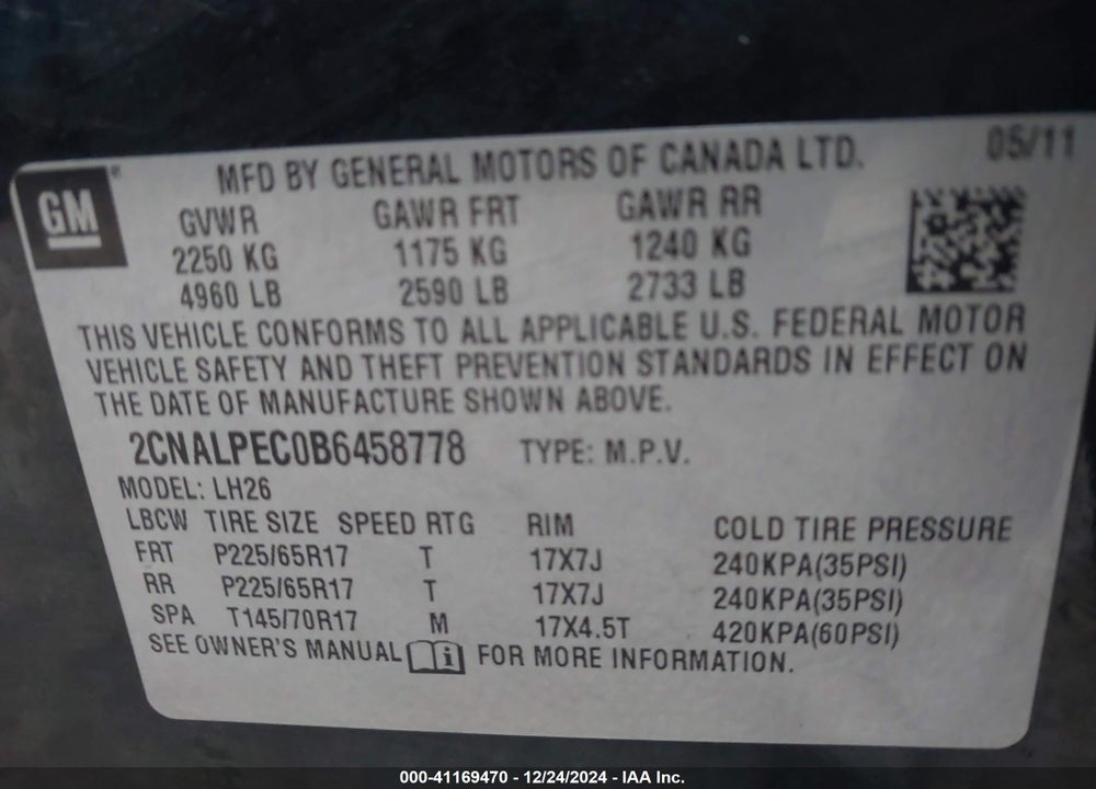 2011 CHEVROLET EQUINOX 2LT VIN: 2CNALPEC0B6458778