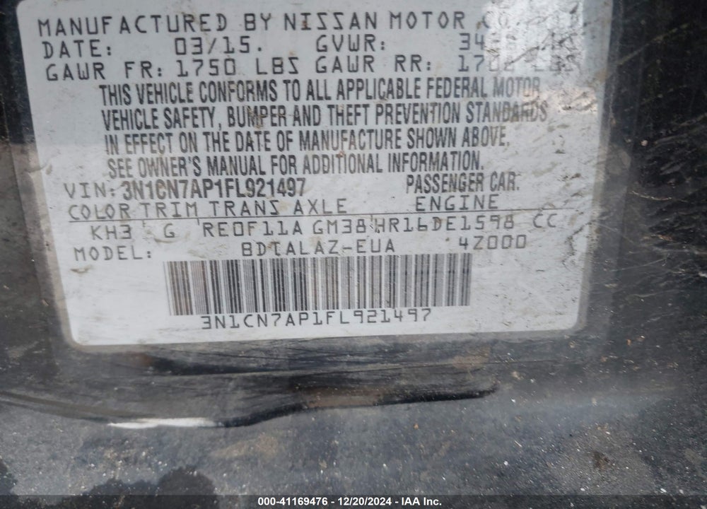 2015 NISSAN VERSA 1.6 S+ VIN: 3N1CN7AP1FL921497