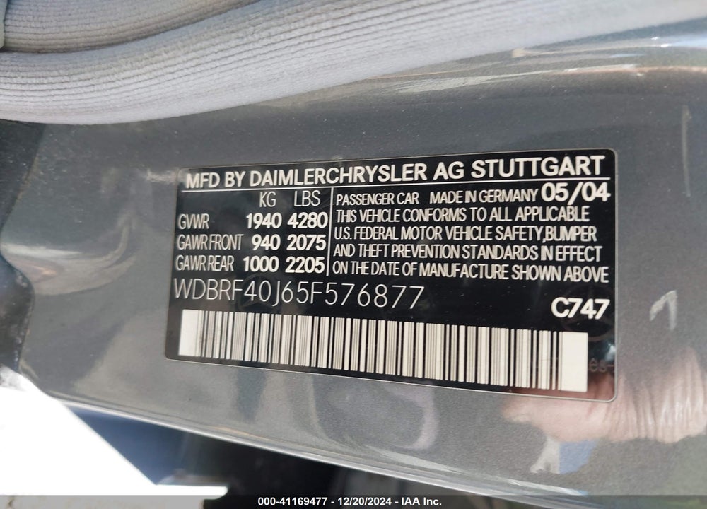 2005 MERCEDES-BENZ C 230 KOMPRESSOR SPORT VIN: WDBRF40J65F576877